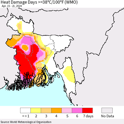 Bangladesh Heat Damage Days >=38°C/100°F (WMO) Thematic Map For 4/15/2024 - 4/21/2024