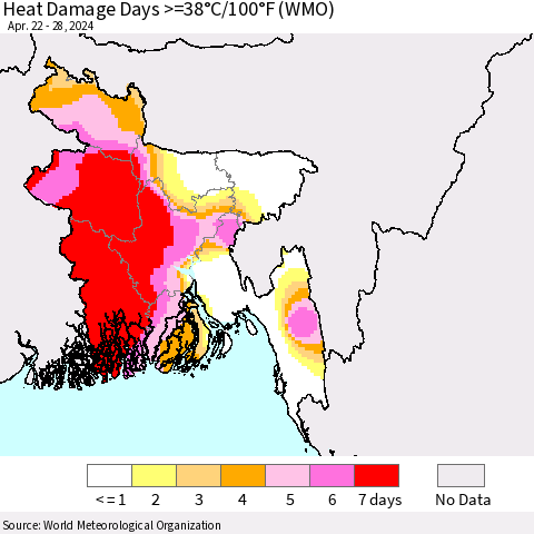 Bangladesh Heat Damage Days >=38°C/100°F (WMO) Thematic Map For 4/22/2024 - 4/28/2024