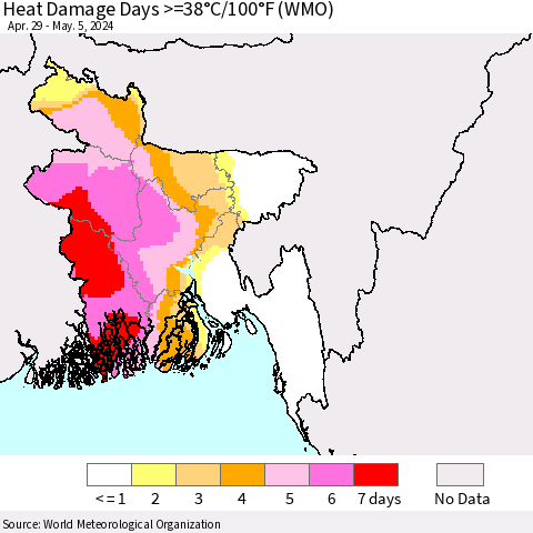Bangladesh Heat Damage Days >=38°C/100°F (WMO) Thematic Map For 4/29/2024 - 5/5/2024