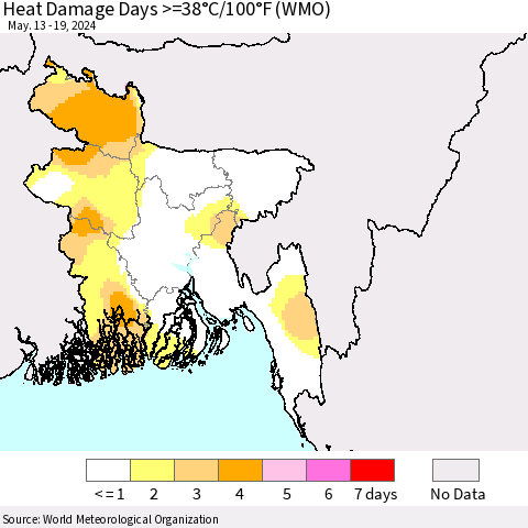 Bangladesh Heat Damage Days >=38°C/100°F (WMO) Thematic Map For 5/13/2024 - 5/19/2024