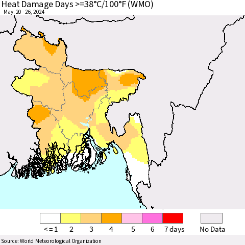 Bangladesh Heat Damage Days >=38°C/100°F (WMO) Thematic Map For 5/20/2024 - 5/26/2024