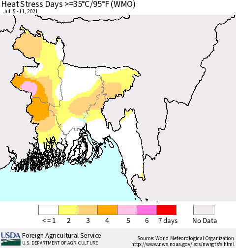Bangladesh Heat Stress Days >=35°C/95°F (WMO) Thematic Map For 7/5/2021 - 7/11/2021