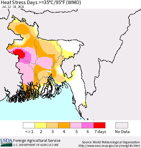 Bangladesh Heat Stress Days >=35°C/95°F (WMO) Thematic Map For 7/12/2021 - 7/18/2021