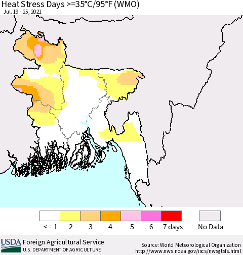 Bangladesh Heat Stress Days >=35°C/95°F (WMO) Thematic Map For 7/19/2021 - 7/25/2021