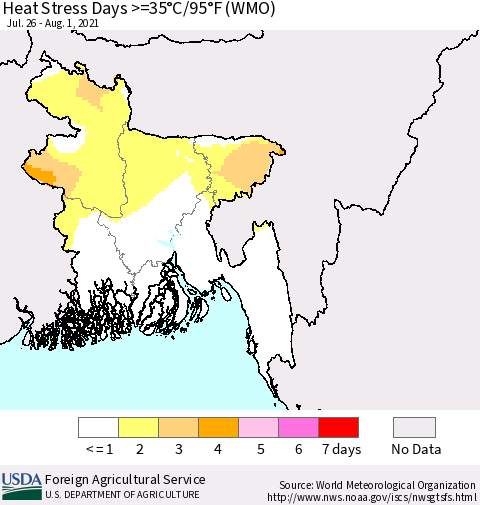 Bangladesh Heat Stress Days >=35°C/95°F (WMO) Thematic Map For 7/26/2021 - 8/1/2021