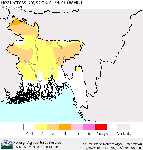 Bangladesh Heat Stress Days >=35°C/95°F (WMO) Thematic Map For 8/2/2021 - 8/8/2021