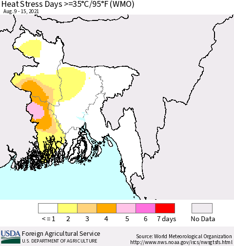 Bangladesh Heat Stress Days >=35°C/95°F (WMO) Thematic Map For 8/9/2021 - 8/15/2021