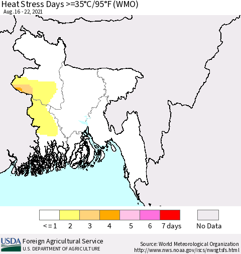 Bangladesh Heat Stress Days >=35°C/95°F (WMO) Thematic Map For 8/16/2021 - 8/22/2021