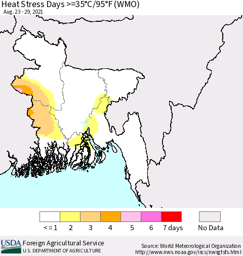 Bangladesh Heat Stress Days >=35°C/95°F (WMO) Thematic Map For 8/23/2021 - 8/29/2021