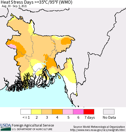 Bangladesh Heat Stress Days >=35°C/95°F (WMO) Thematic Map For 8/30/2021 - 9/5/2021
