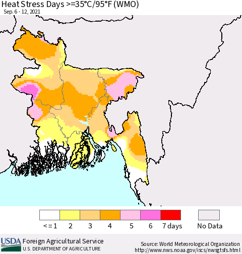 Bangladesh Heat Stress Days >=35°C/95°F (WMO) Thematic Map For 9/6/2021 - 9/12/2021