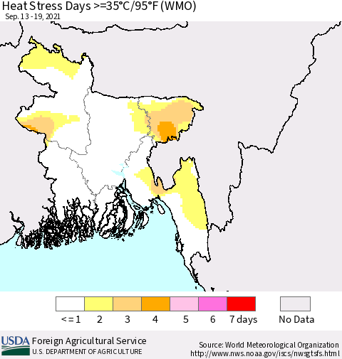 Bangladesh Heat Stress Days >=35°C/95°F (WMO) Thematic Map For 9/13/2021 - 9/19/2021