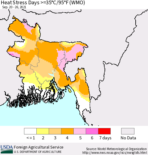 Bangladesh Heat Stress Days >=35°C/95°F (WMO) Thematic Map For 9/20/2021 - 9/26/2021