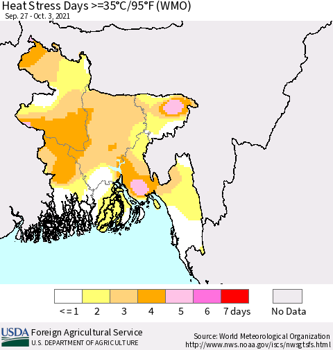 Bangladesh Heat Stress Days >=35°C/95°F (WMO) Thematic Map For 9/27/2021 - 10/3/2021