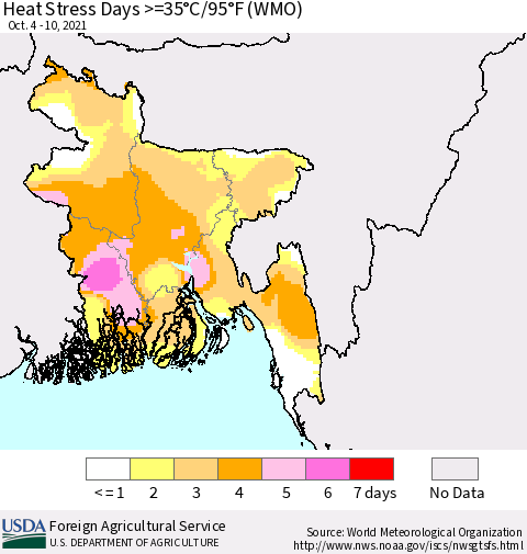 Bangladesh Heat Stress Days >=35°C/95°F (WMO) Thematic Map For 10/4/2021 - 10/10/2021