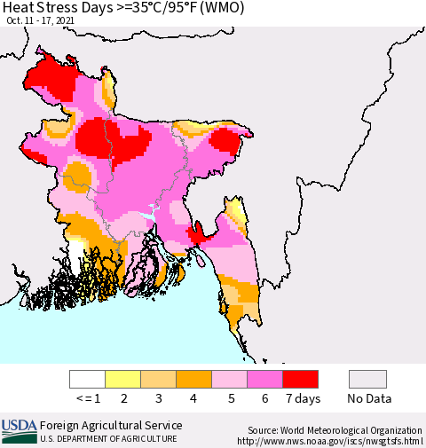 Bangladesh Heat Stress Days >=35°C/95°F (WMO) Thematic Map For 10/11/2021 - 10/17/2021