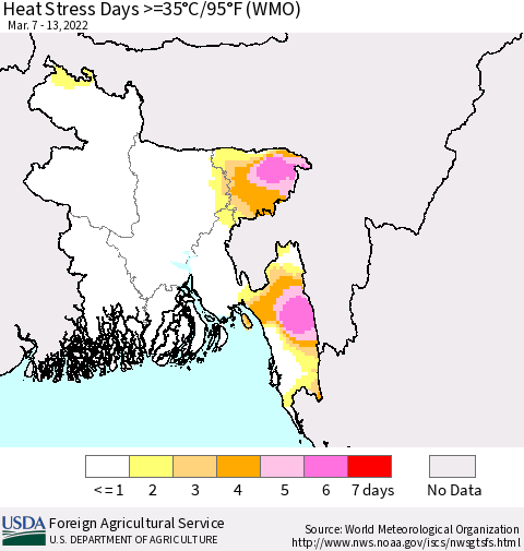 Bangladesh Heat Stress Days >=35°C/95°F (WMO) Thematic Map For 3/7/2022 - 3/13/2022