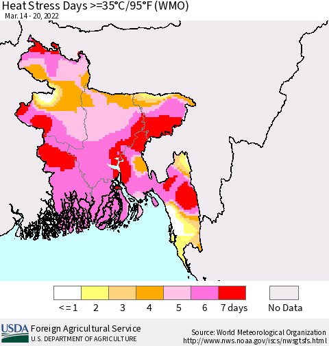 Bangladesh Heat Stress Days >=35°C/95°F (WMO) Thematic Map For 3/14/2022 - 3/20/2022