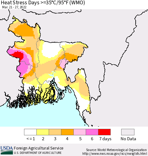 Bangladesh Heat Stress Days >=35°C/95°F (WMO) Thematic Map For 3/21/2022 - 3/27/2022