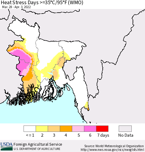 Bangladesh Heat Stress Days >=35°C/95°F (WMO) Thematic Map For 3/28/2022 - 4/3/2022