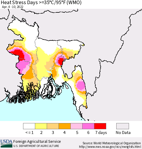 Bangladesh Heat Stress Days >=35°C/95°F (WMO) Thematic Map For 4/4/2022 - 4/10/2022