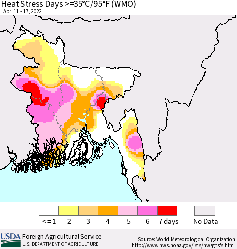 Bangladesh Heat Stress Days >=35°C/95°F (WMO) Thematic Map For 4/11/2022 - 4/17/2022
