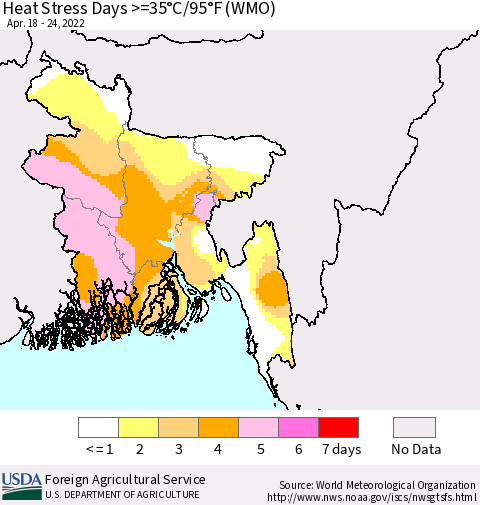 Bangladesh Heat Stress Days >=35°C/95°F (WMO) Thematic Map For 4/18/2022 - 4/24/2022