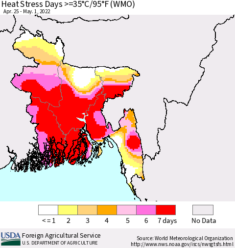 Bangladesh Heat Stress Days >=35°C/95°F (WMO) Thematic Map For 4/25/2022 - 5/1/2022