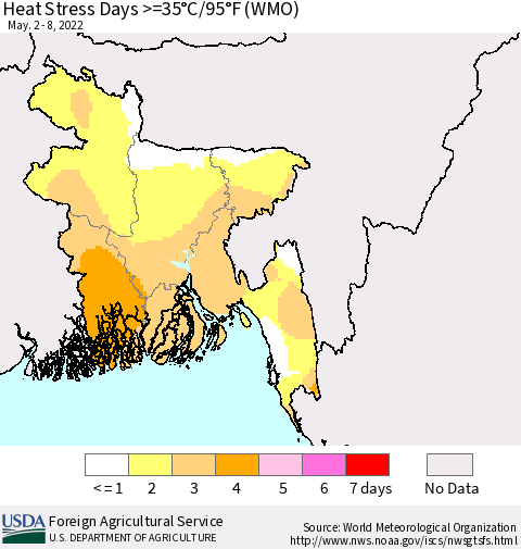 Bangladesh Heat Stress Days >=35°C/95°F (WMO) Thematic Map For 5/2/2022 - 5/8/2022