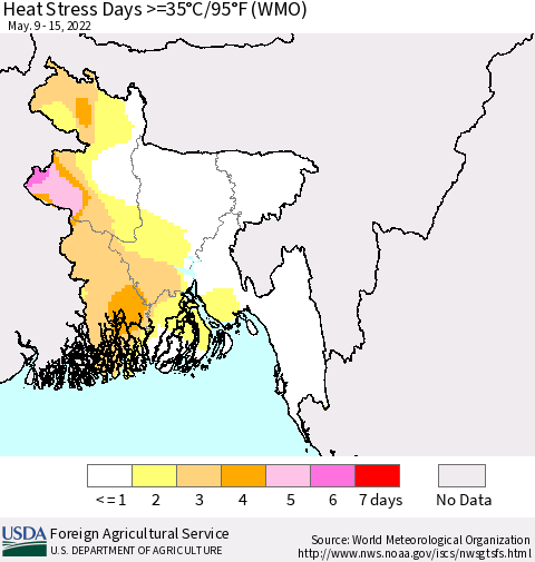 Bangladesh Heat Stress Days >=35°C/95°F (WMO) Thematic Map For 5/9/2022 - 5/15/2022
