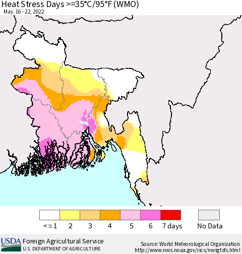 Bangladesh Heat Stress Days >=35°C/95°F (WMO) Thematic Map For 5/16/2022 - 5/22/2022