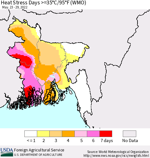 Bangladesh Heat Stress Days >=35°C/95°F (WMO) Thematic Map For 5/23/2022 - 5/29/2022