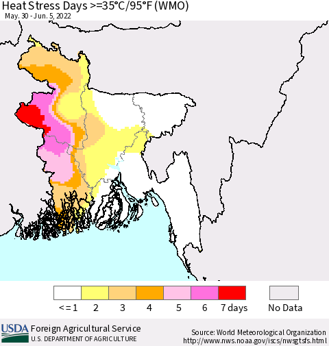 Bangladesh Heat Stress Days >=35°C/95°F (WMO) Thematic Map For 5/30/2022 - 6/5/2022