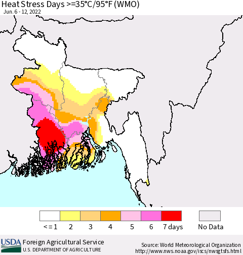 Bangladesh Heat Stress Days >=35°C/95°F (WMO) Thematic Map For 6/6/2022 - 6/12/2022