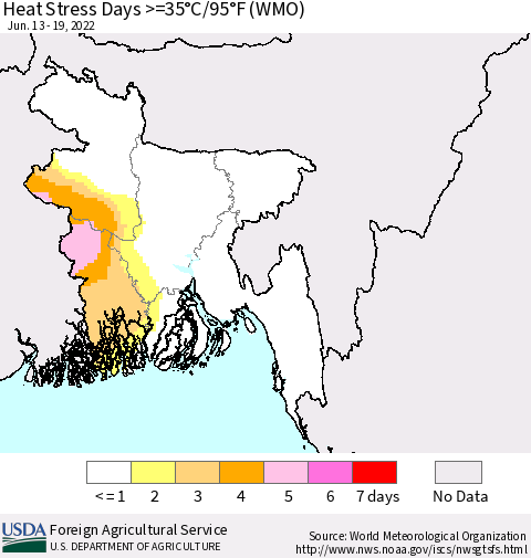 Bangladesh Heat Stress Days >=35°C/95°F (WMO) Thematic Map For 6/13/2022 - 6/19/2022