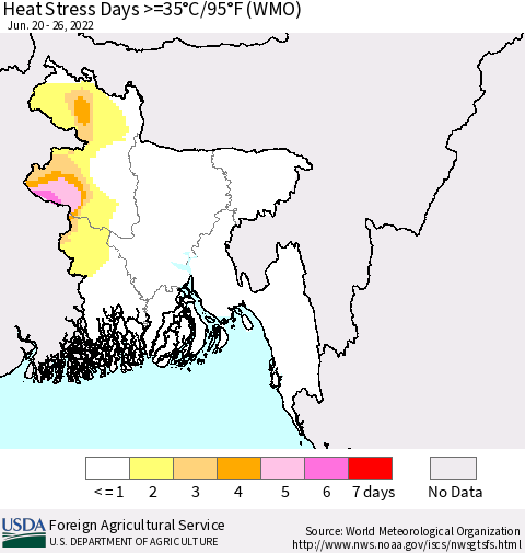 Bangladesh Heat Stress Days >=35°C/95°F (WMO) Thematic Map For 6/20/2022 - 6/26/2022