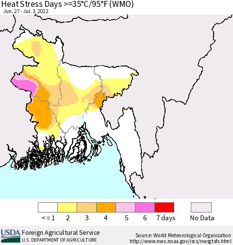 Bangladesh Heat Stress Days >=35°C/95°F (WMO) Thematic Map For 6/27/2022 - 7/3/2022