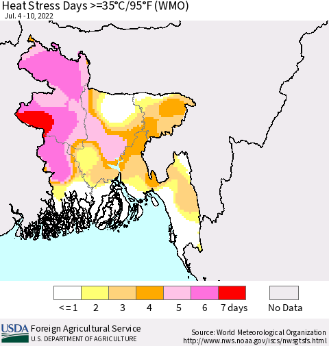 Bangladesh Heat Stress Days >=35°C/95°F (WMO) Thematic Map For 7/4/2022 - 7/10/2022