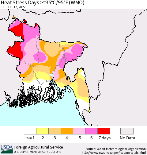 Bangladesh Heat Stress Days >=35°C/95°F (WMO) Thematic Map For 7/11/2022 - 7/17/2022