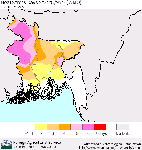 Bangladesh Heat Stress Days >=35°C/95°F (WMO) Thematic Map For 7/18/2022 - 7/24/2022