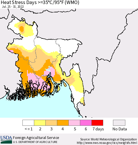 Bangladesh Heat Stress Days >=35°C/95°F (WMO) Thematic Map For 7/25/2022 - 7/31/2022