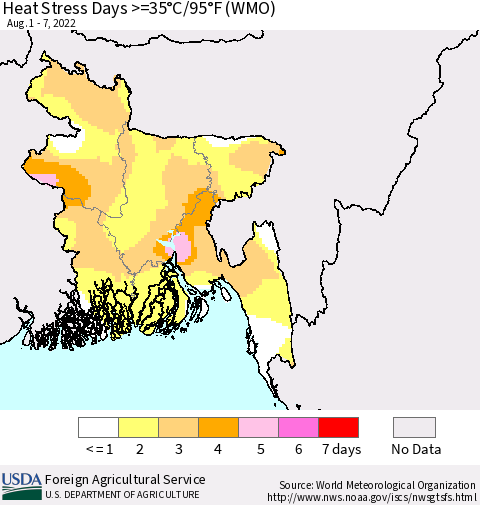 Bangladesh Heat Stress Days >=35°C/95°F (WMO) Thematic Map For 8/1/2022 - 8/7/2022