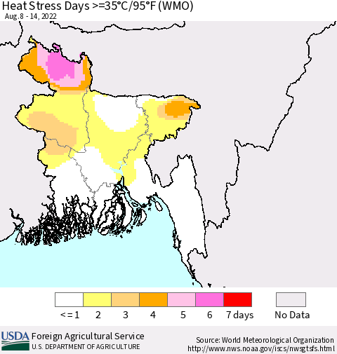 Bangladesh Heat Stress Days >=35°C/95°F (WMO) Thematic Map For 8/8/2022 - 8/14/2022