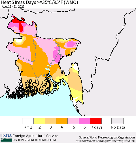 Bangladesh Heat Stress Days >=35°C/95°F (WMO) Thematic Map For 8/15/2022 - 8/21/2022