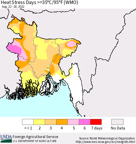 Bangladesh Heat Stress Days >=35°C/95°F (WMO) Thematic Map For 8/22/2022 - 8/28/2022