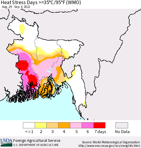 Bangladesh Heat Stress Days >=35°C/95°F (WMO) Thematic Map For 8/29/2022 - 9/4/2022