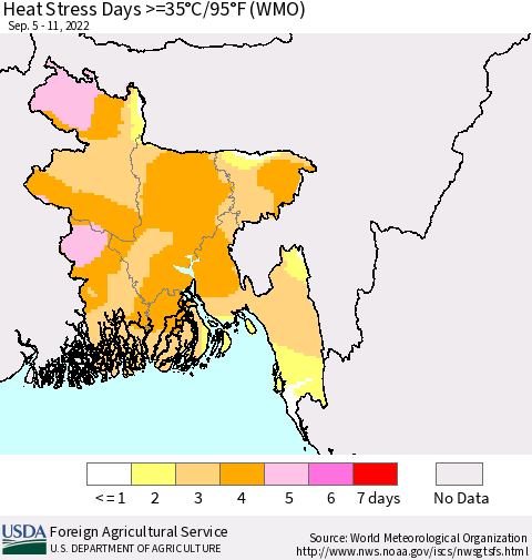 Bangladesh Heat Stress Days >=35°C/95°F (WMO) Thematic Map For 9/5/2022 - 9/11/2022