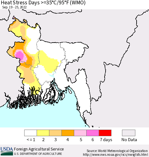 Bangladesh Heat Stress Days >=35°C/95°F (WMO) Thematic Map For 9/19/2022 - 9/25/2022