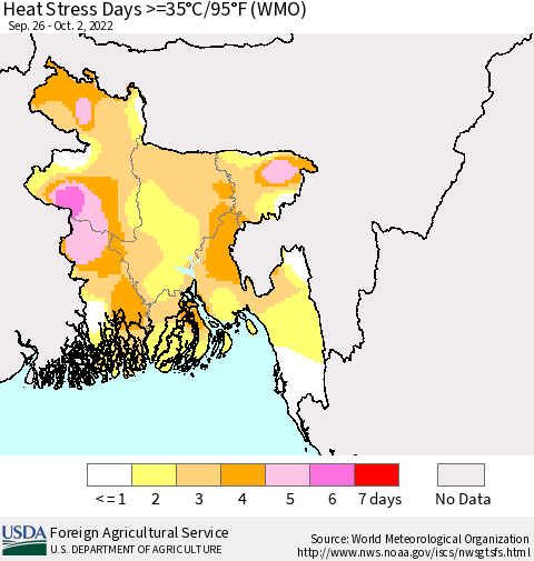 Bangladesh Heat Stress Days >=35°C/95°F (WMO) Thematic Map For 9/26/2022 - 10/2/2022