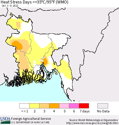 Bangladesh Heat Stress Days >=35°C/95°F (WMO) Thematic Map For 10/3/2022 - 10/9/2022